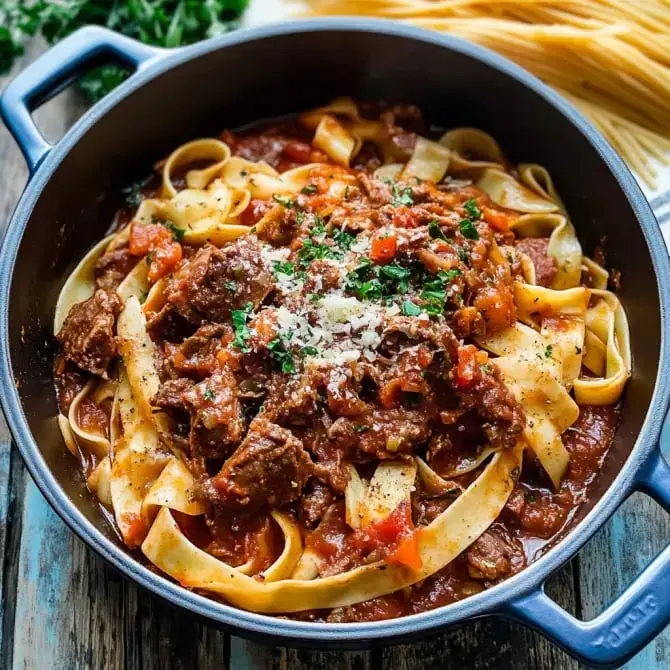 Un plat de tagliatelles nappées d'une sauce à base de viande, tomates et herbes, garnies de fromage râpé, présenté dans une casserole.