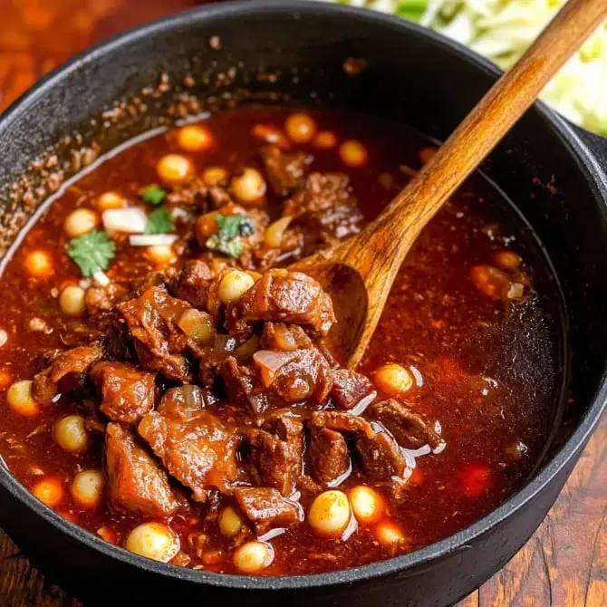 Un plat de ragoût copieux avec de morceaux de viande, des oignons et des petites boules, servi dans un grand bol noir.