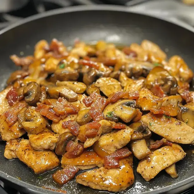 Un plat de poulet sauté avec des champignons et du bacon dans une poêle.