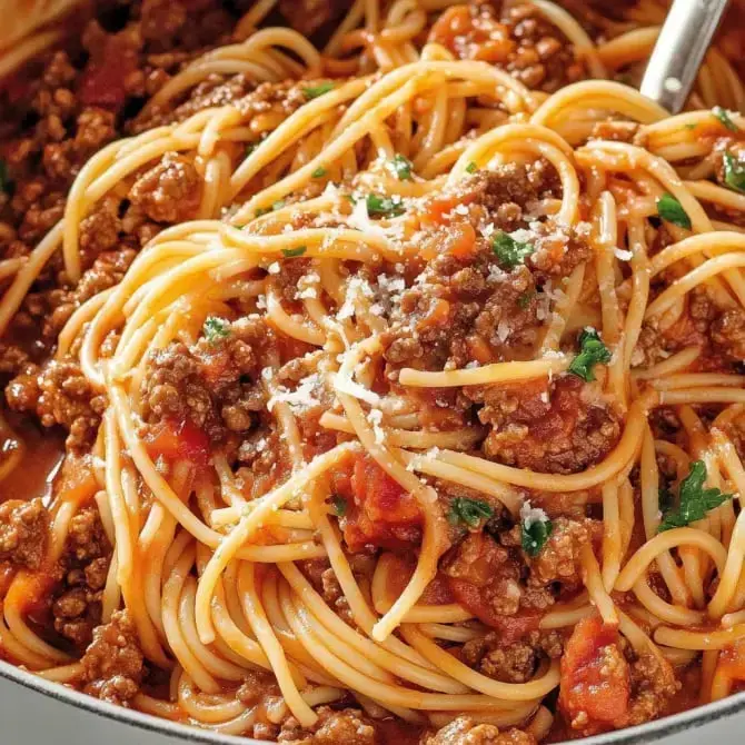 Pâtes spaghetti à la viande hachée garnies de sauce tomate et de parmesan.