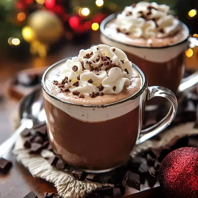 Deux tasses de chocolat chaud garnies de crème fouettée et de copeaux de chocolat, entourées de décorations festives.