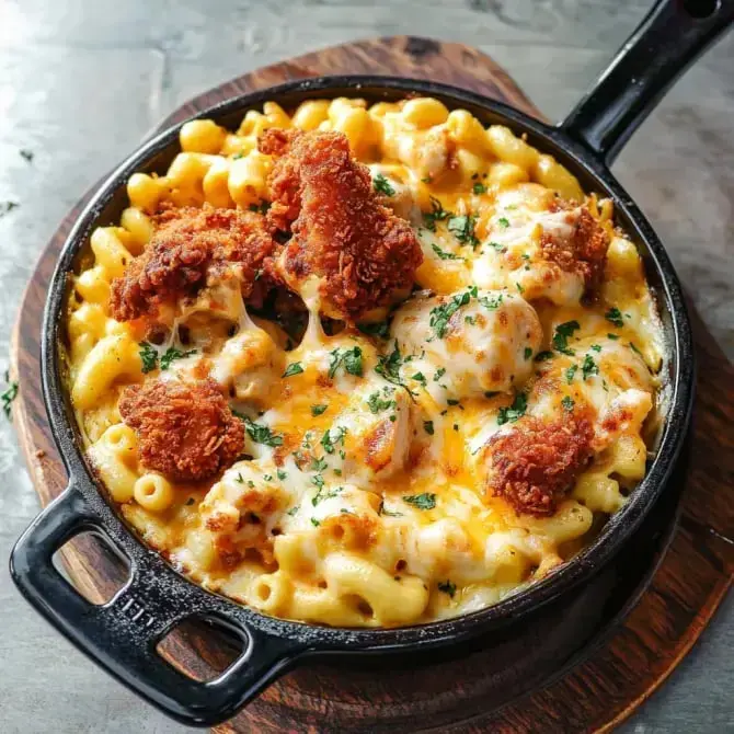 Un plat de macaroni au fromage garni de morceaux de poulet frit et saupoudré de persil.