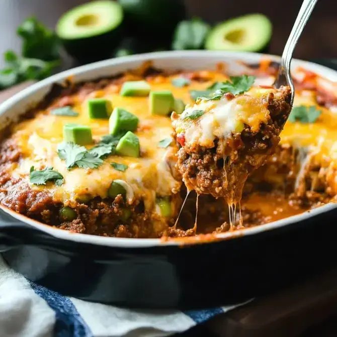 Un plat de viande hachée au fromage, garni de dés d'avocat et de coriandre, est servi dans un plat noir.