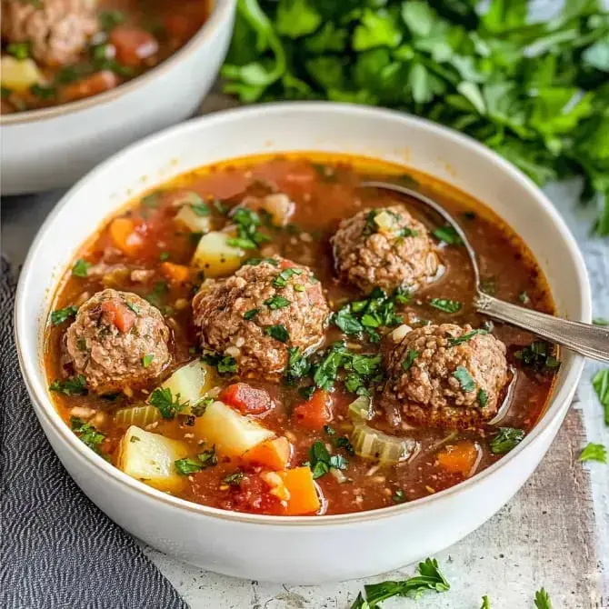 Une soupe de boulettes de viande avec des légumes, garnie de coriandre fraîche.