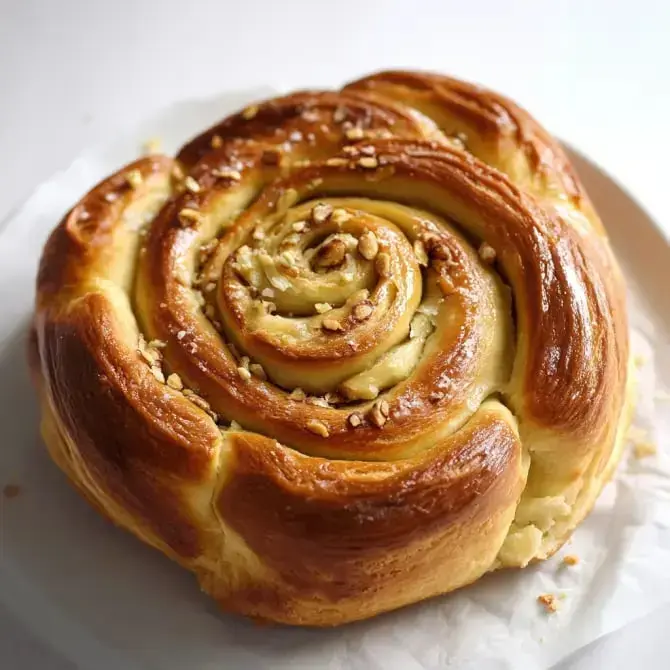 Un pain sucré en forme de spirale, avec une croûte dorée et des éclats de noix sur le dessus.