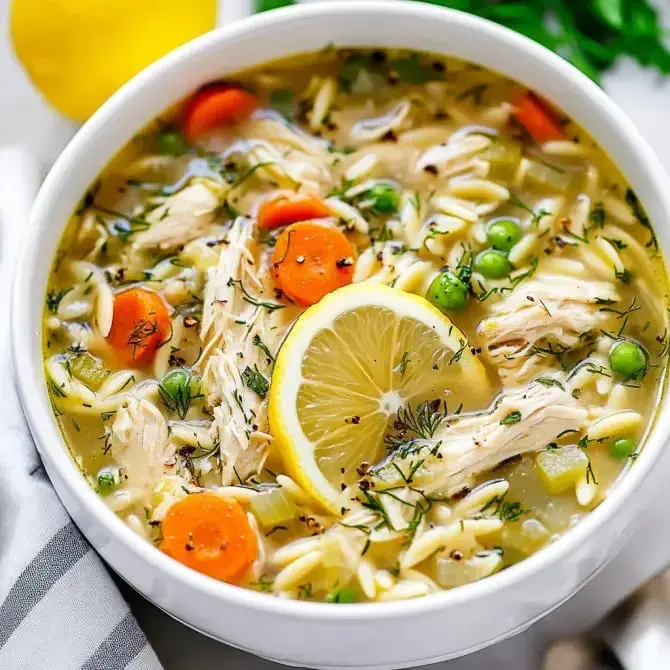 Une soupe au poulet garnie de morceaux de carottes, de petits pois, de pâtes orz et d'une rondelle de citron.