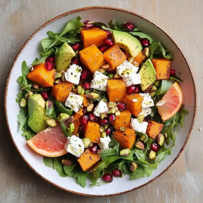 Une salade colorée composée de roquette, butternut rôtie, avocat, feta, grenades, pistaches et quartiers de pamplemousse.