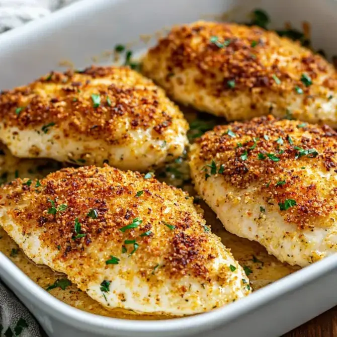 Des filets de poisson dorés et croustillants légèrement garnis de persil dans un plat de cuisson.