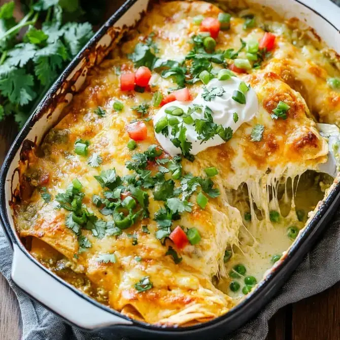 Un plat d'enchiladas au fromage, garni de coriandre, de petits dés de tomate, de crème aigre et d'oignons verts, servi avec une sauce verte.