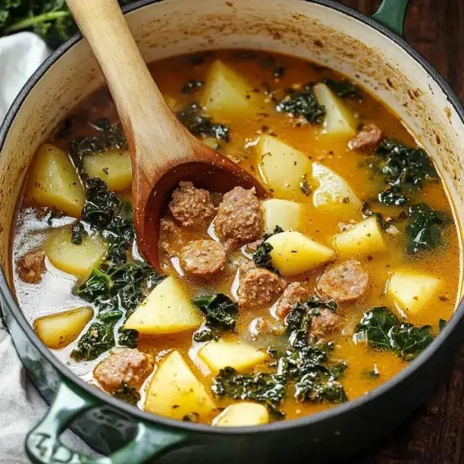 Une casserole de soupe avec des pommes de terre, des boulettes de viande et du chou frisé, remuée avec une cuillère en bois.