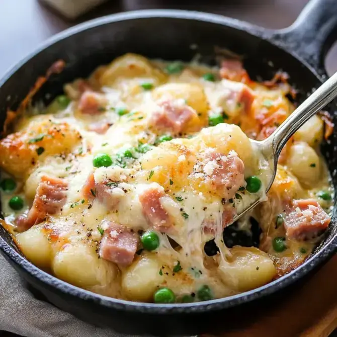 Un plat de gnocchis fondants au fromage, avec des morceaux de jambon et des petits pois, servi dans une poêle en fonte.