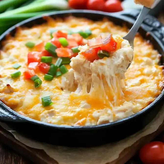 Un plat de fromage fondant avec des morceaux de tomates et d'oignons verts, servi dans une poêle en fonte.