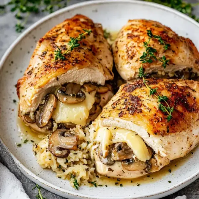 Des poitrines de poulet farcies aux champignons, fromage et riz, garnies de thym, servies sur une assiette.