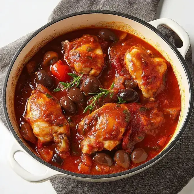 Un plat de poulet mijoté dans une sauce tomate avec des olives, des poivrons et des herbes.