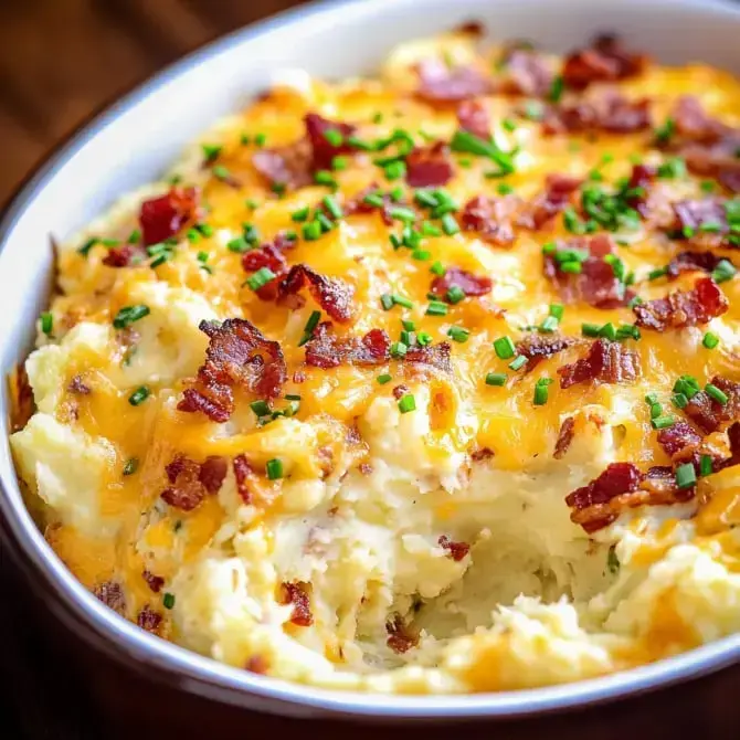 Un plat de purée de pommes de terre gratinée, garni de fromage cheddar, de morceaux de bacon et de ciboulette.