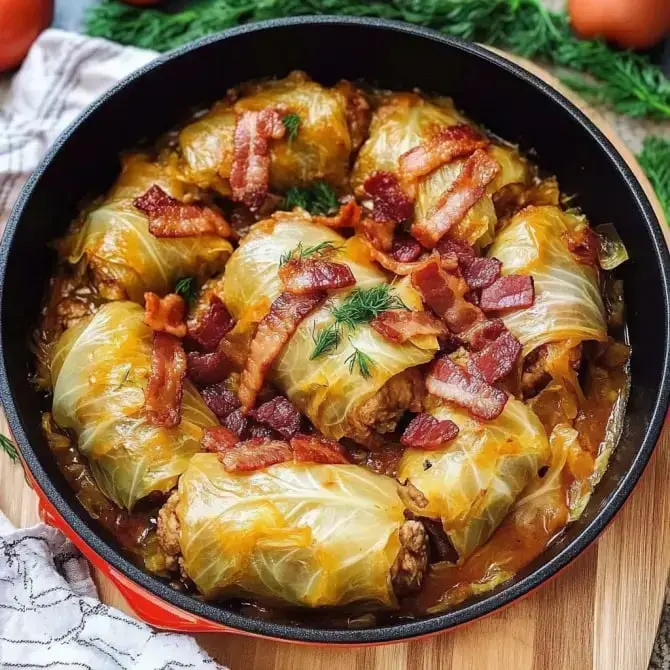 Un plat de chou farci garni de lard croustillant, servi dans une cocotte.