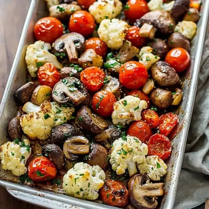 L'image montre un plat de légumes rôtis comprenant des tomates cerises, des champignons et du chou-fleur, saupoudrés de persil.