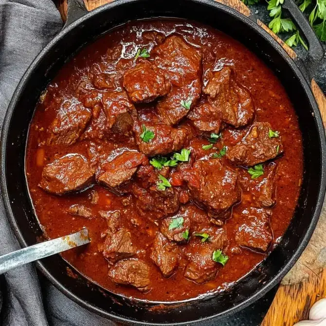 Un plat de viande mijotée dans une sauce épaisse, garni de persil frais.