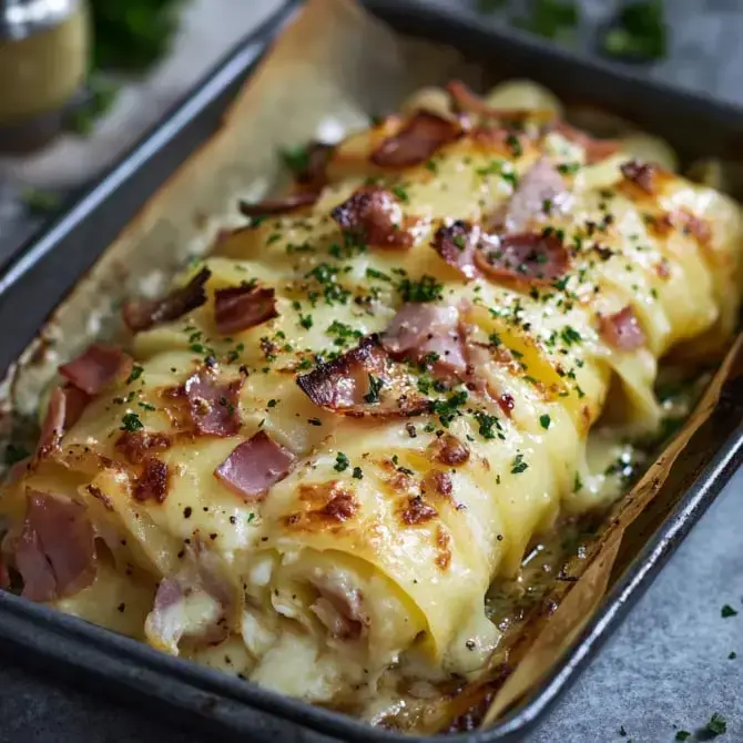 Un plat de lasagnes crémeuses et garnies de jambon, dorées et parsemées de persil.