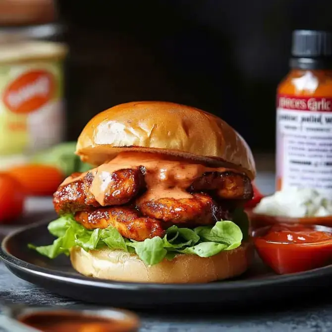 Un hamburger garni de poulet grillé, de laitue et de sauce épicée, accompagné de condiments.