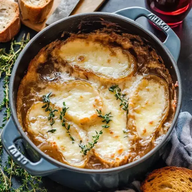 Un plat de soupe à l'oignon gratinée avec des tranches de fromage fondu, décoré de brins de thym, servi dans une casserole.