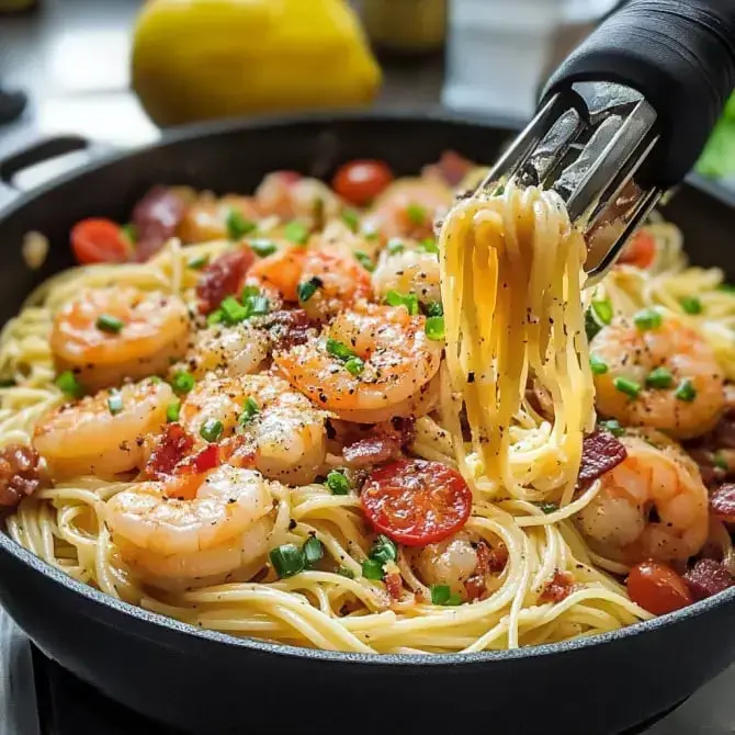 Un plat de pâtes aux crevettes, bacon et tomates cerises, servi dans une poêle avec des herbes et du poivre.