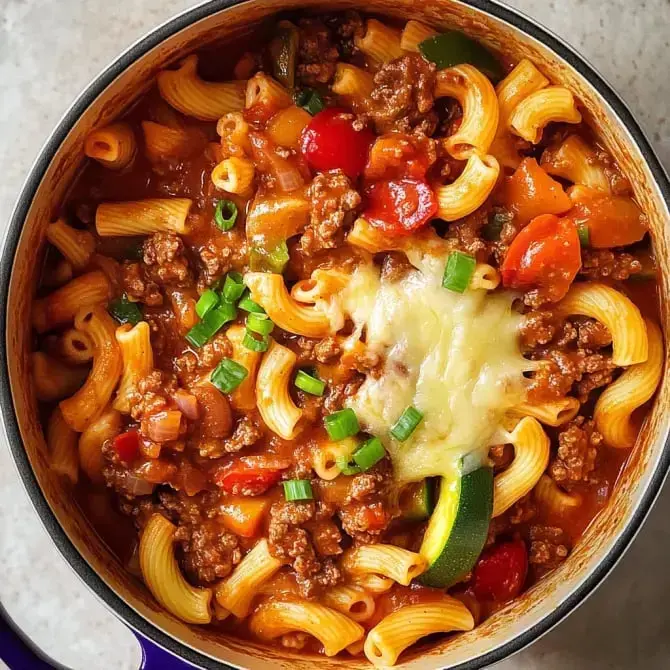 Un plat de pâtes avec de la viande hachée, des tomates, des poivrons et du fromage fondant sur le dessus.