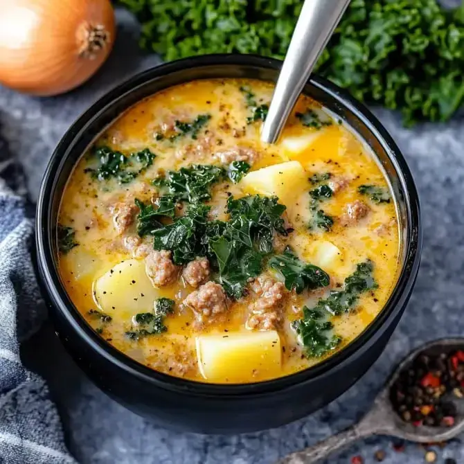 Un bol de soupe crémeuse avec des morceaux de pommes de terre, de la viande hachée et du chou frisé, entouré d'oignons et d'herbes.