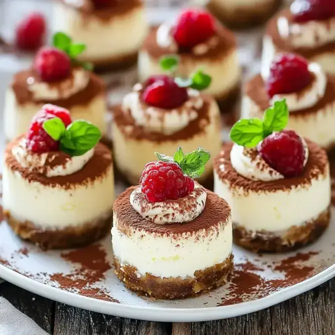 De petits gâteaux au fromage garnis de crème fouettée, de framboises et de feuilles de menthe, présentés sur une assiette.