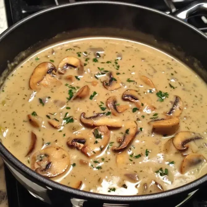 Une sauce crémeuse aux champignons avec des morceaux de champignons frais et des herbes hachées, cuisinée dans une poêle.