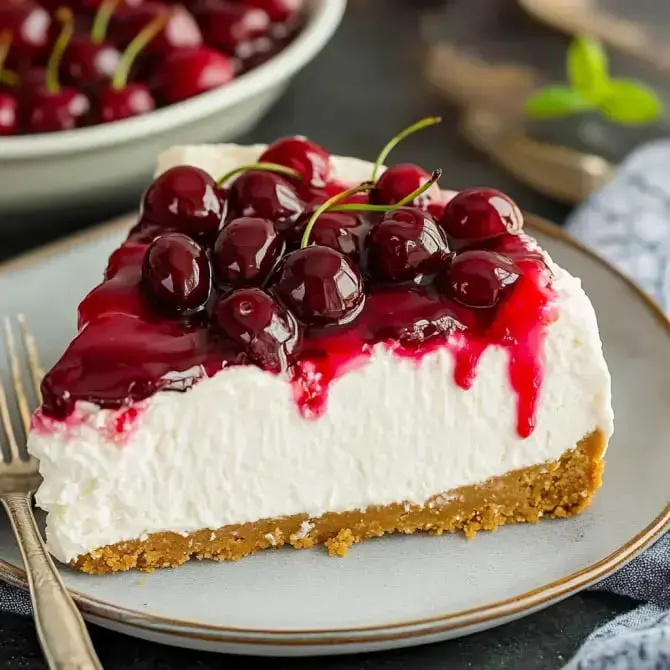 Une part de cheesecake recouverte de cerises noires et de coulis rouge sur une assiette.