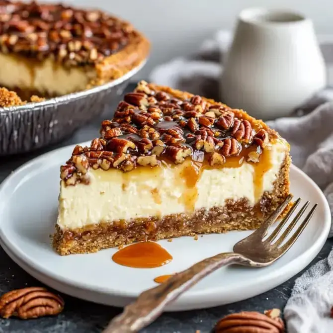 Une part de gâteau au fromage garnie de noix de pécan et de caramel, servie sur une assiette.