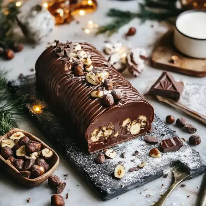 Un gâteau roulé au chocolat décoré de noisettes sur une planche noire, accompagné de copeaux de chocolat et d'une tasse de crème.