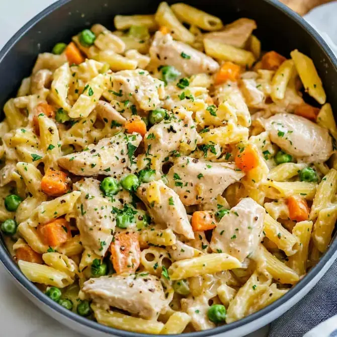 Un plat de pâtes crémeuses au poulet, carottes et petits pois, garni de persil frais.