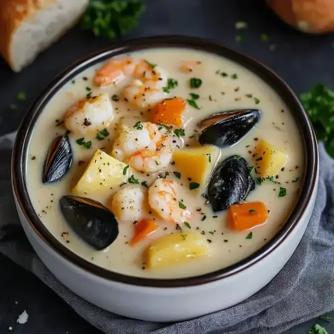 Un bol de soupe crémeuse aux crevettes, moules et légumes, garni de persil frais.