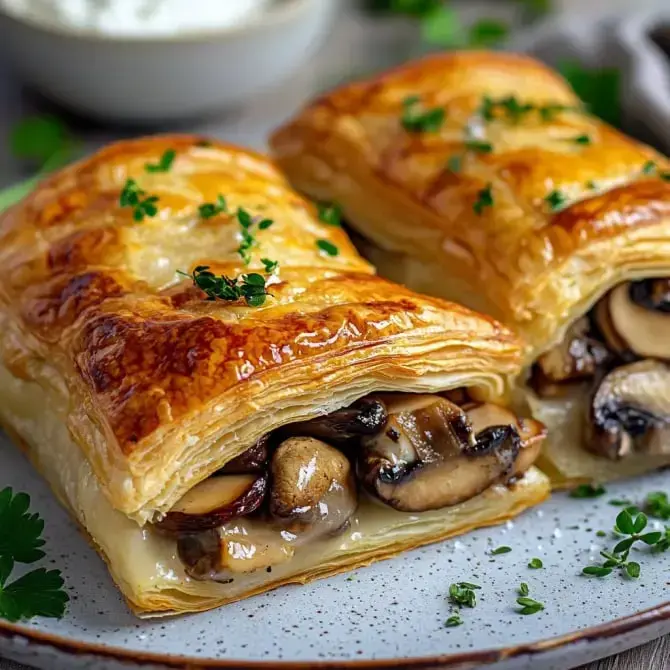 Deux feuilletés dorés farcis de champignons sont présentés sur une assiette, garnis de petites herbes fraîches.