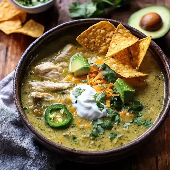 Un bol de soupe verte garnie de morceaux de poulet, d'avocat, de fromage, de crème aigre, de coriandre, de jalapeños et de chips de tortilla.