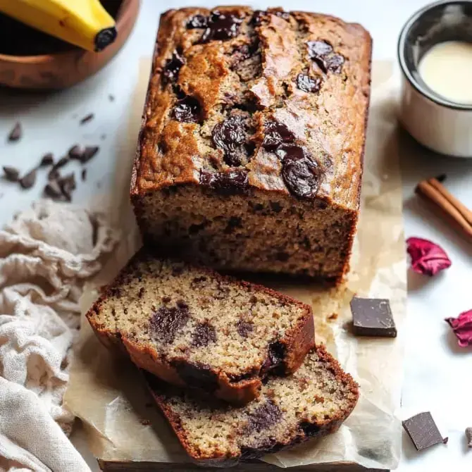 Un gâteau à la banane et aux pépites de chocolat, accompagné de tranches, est posé sur du papier parchemin avec des ingrédients supplémentaires en arrière-plan.