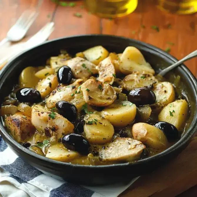 Un plat de pommes de terre dorées avec des morceaux de poulet et des olives noires, garni de persil frais.