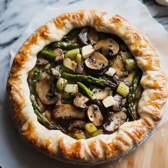 Tarte garnie de champignons, d'asperges et de céleri, dans une croûte dorée.