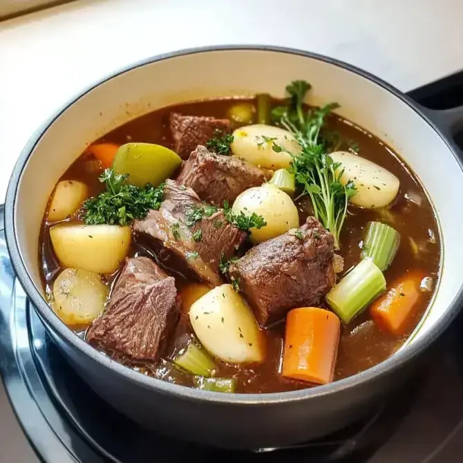 Un plat de ragoût de viande avec des morceaux de viande, des pommes de terre, des carottes, du céleri et des herbes dans une casserole.