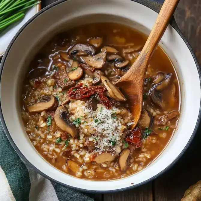 Un bol de soupe de céréales rempli de champignons, de tomates séchées et de fromage, avec une cuillère en bois posée à l'intérieur.