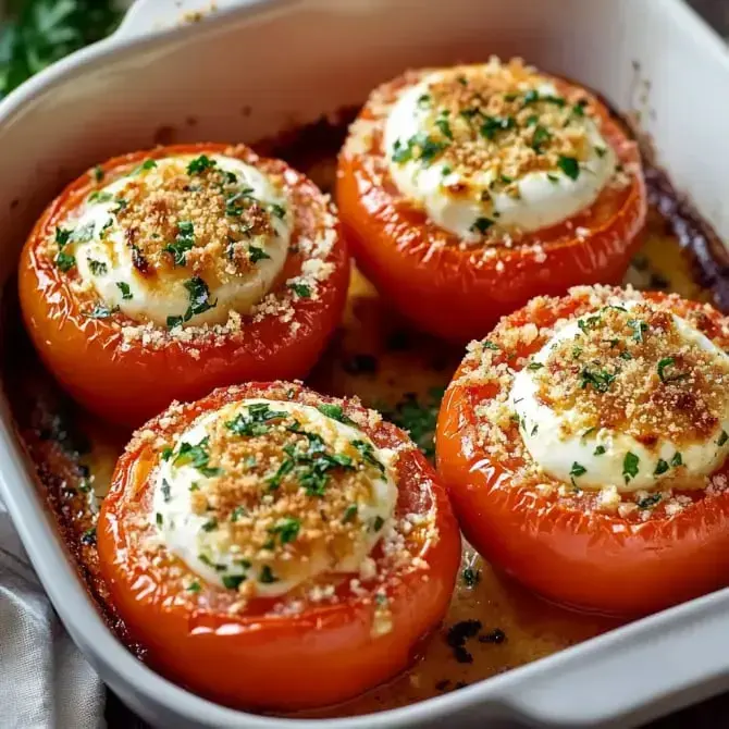 Quatre tomates farcies avec de la crème et recouvertes de chapelure dorée, cuites au four dans un plat.