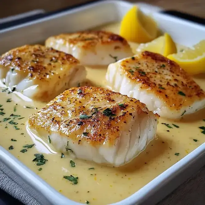 Quatre morceaux de poisson doré servis dans une sauce crémeuse avec des quartiers de citron.