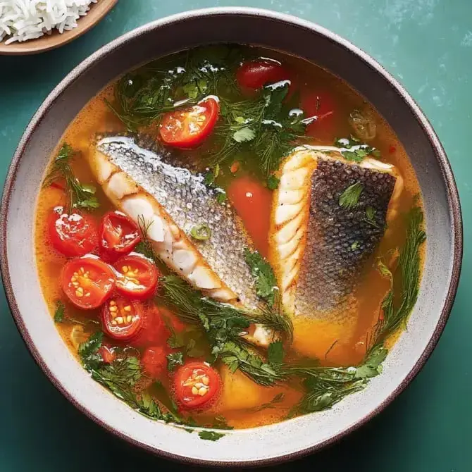 Un bol de soupe contenant des morceaux de poisson, des tomates cerises et des herbes fraîches dans un bouillon coloré.