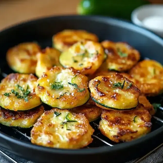 Des rondelles de courgette dorées et croustillantes, garnies de coriandre, dans une poêle.