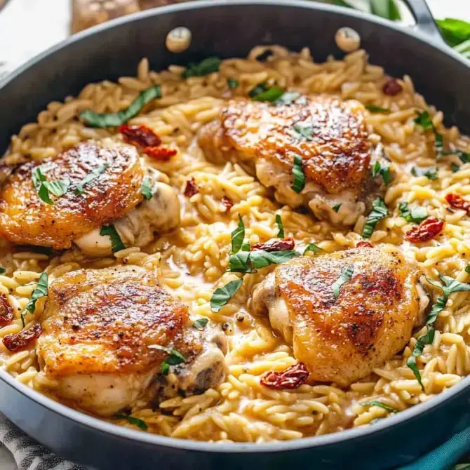 Une poêle contenant du poulet rôti sur un lit de pâtes orzo agrémentées de basilic et de tomates séchées.