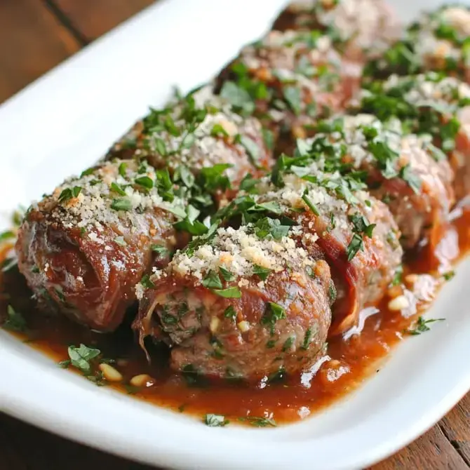 Des roulés de viande garnis d'herbes et de fromage, servis dans une sauce.