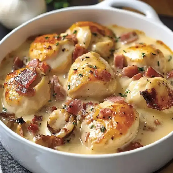 Un plat de galettes dorées dans une sauce crémeuse, parsemé de morceaux de bacon et d'herbes.