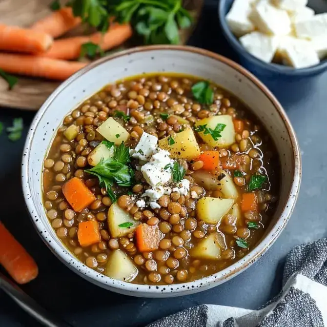 Un bol de soupe aux lentilles, garni de dés de légumes, de persil frais et de fromage, accompagné de carottes et d'une petite coupelle de fromage.